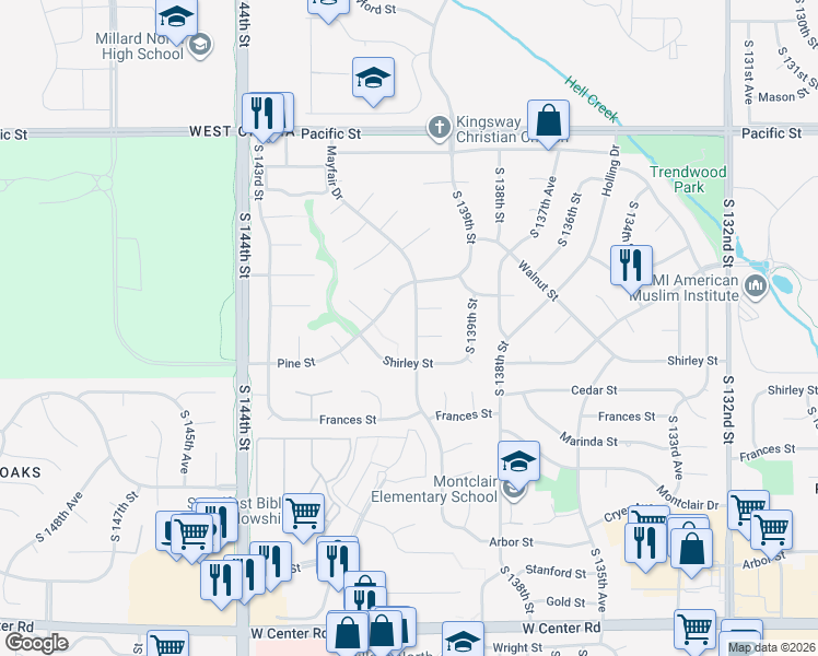 map of restaurants, bars, coffee shops, grocery stores, and more near 1806 Mayfair Drive in Omaha
