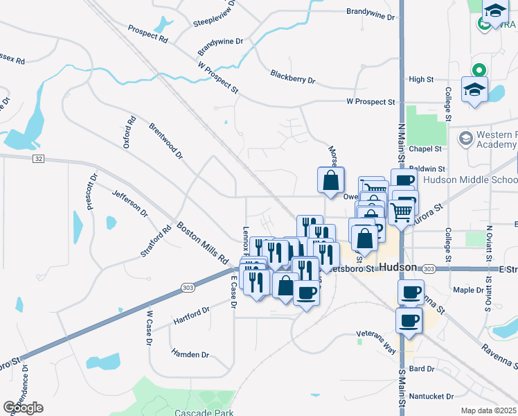 map of restaurants, bars, coffee shops, grocery stores, and more near 77 Atterbury Boulevard in Hudson
