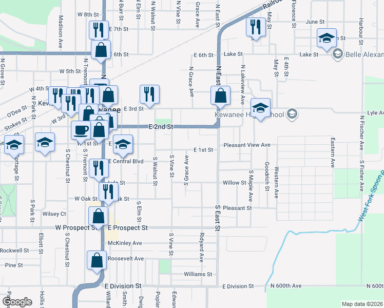 map of restaurants, bars, coffee shops, grocery stores, and more near 112 South Grace Avenue in Kewanee