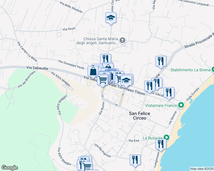 map of restaurants, bars, coffee shops, grocery stores, and more near 213 Via Roma in San Felice Circeo