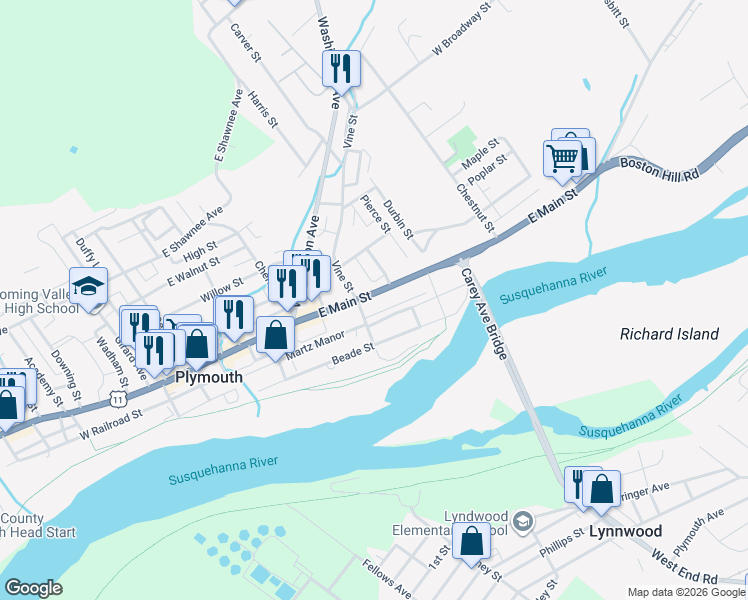 map of restaurants, bars, coffee shops, grocery stores, and more near 329 Moss St in Plymouth