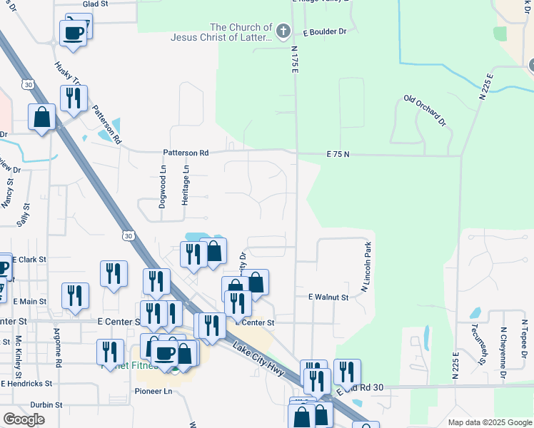 map of restaurants, bars, coffee shops, grocery stores, and more near 548 Buck Trail in Warsaw