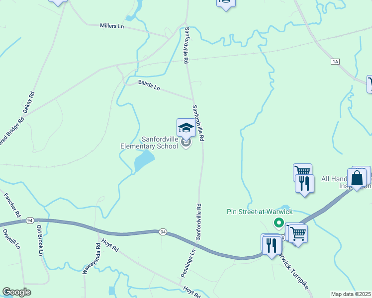 map of restaurants, bars, coffee shops, grocery stores, and more near 144 Sanfordville Road in Warwick