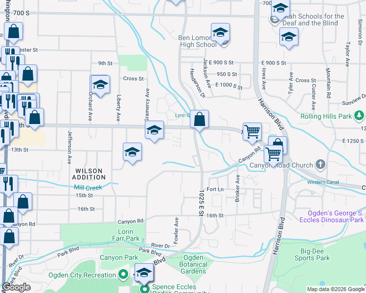 map of restaurants, bars, coffee shops, grocery stores, and more near 1305 Monroe Boulevard in Ogden