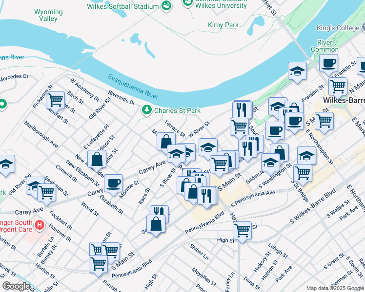 map of restaurants, bars, coffee shops, grocery stores, and more near 158 West River Street in Wilkes-Barre
