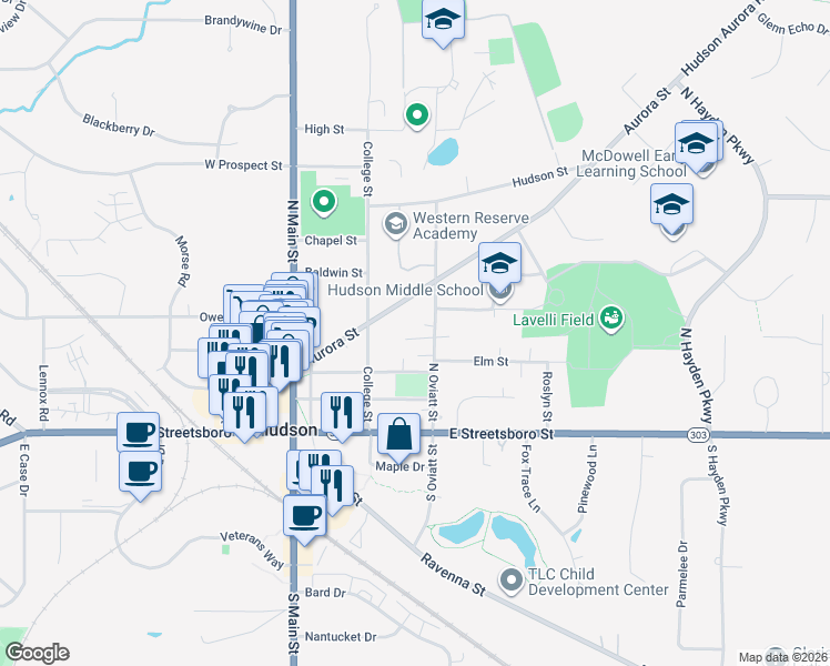 map of restaurants, bars, coffee shops, grocery stores, and more near 55 North Oviatt Street in Hudson