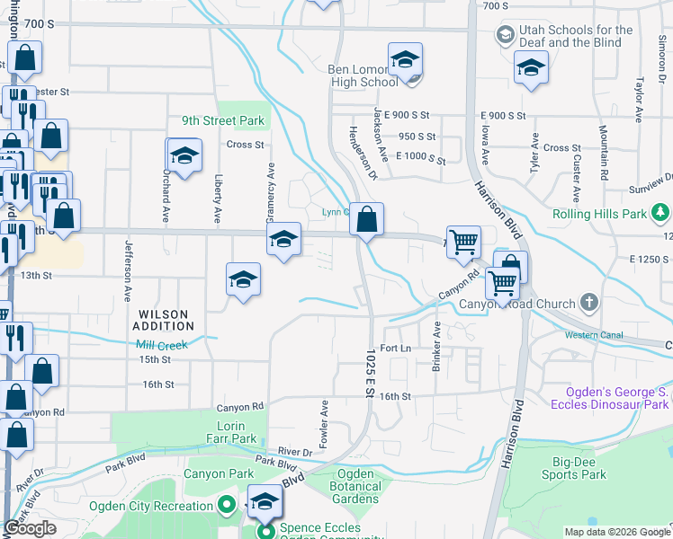 map of restaurants, bars, coffee shops, grocery stores, and more near 1266 South 950 East in Ogden
