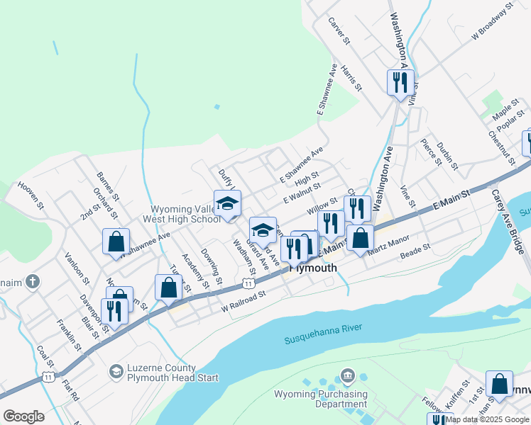 map of restaurants, bars, coffee shops, grocery stores, and more near 2 West Walnut Street in Plymouth