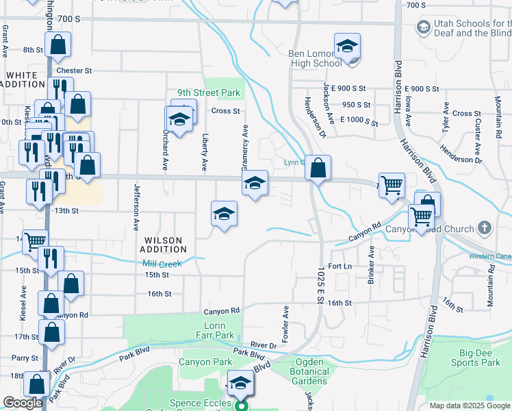 map of restaurants, bars, coffee shops, grocery stores, and more near 1270 Gramercy Avenue in Ogden