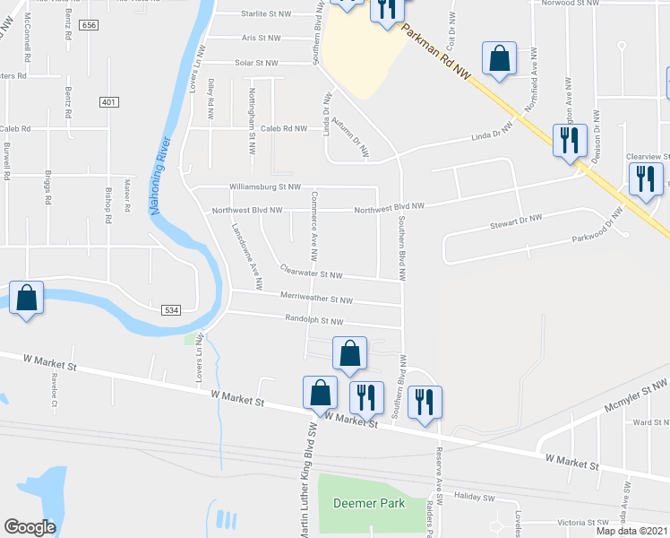 map of restaurants, bars, coffee shops, grocery stores, and more near 2908 Clearwater Street Northwest in Warren