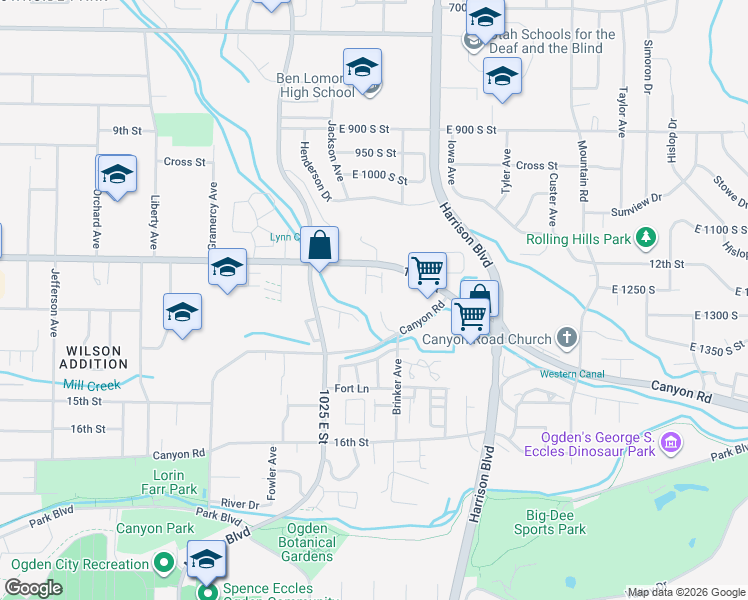 map of restaurants, bars, coffee shops, grocery stores, and more near 1120 Canyon Road in Ogden