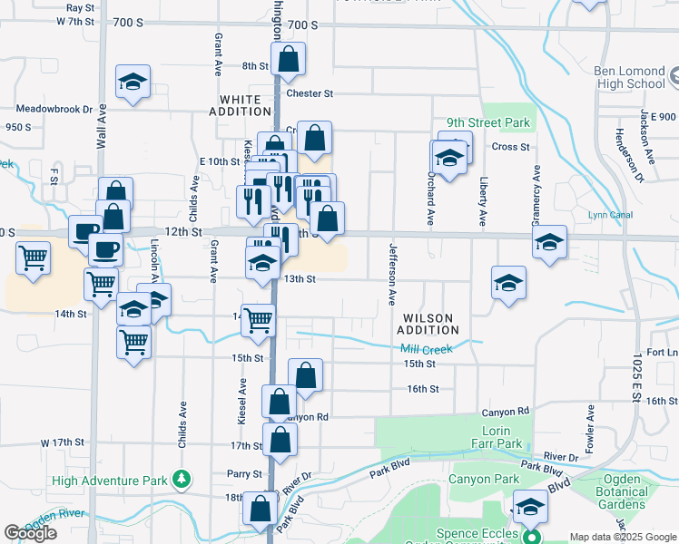 map of restaurants, bars, coffee shops, grocery stores, and more near 485 13th Street in Ogden