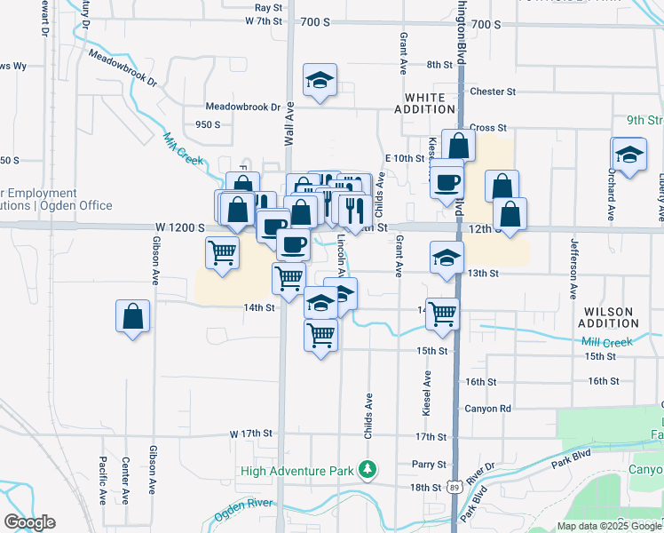 map of restaurants, bars, coffee shops, grocery stores, and more near 1325 Lincoln Avenue in Ogden