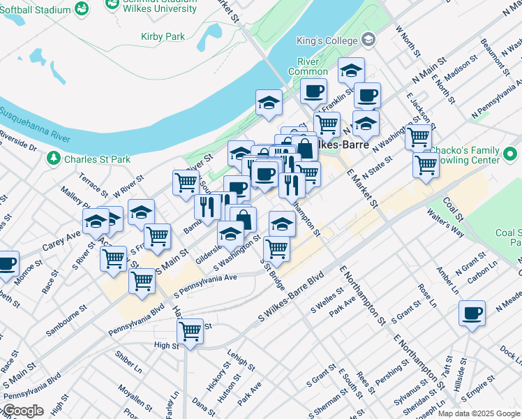 map of restaurants, bars, coffee shops, grocery stores, and more near 140S South Main Street in Wilkes-Barre