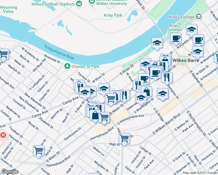 map of restaurants, bars, coffee shops, grocery stores, and more near 68 West Ross Street in Wilkes-Barre