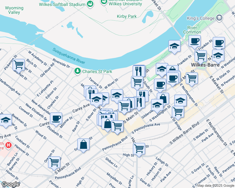 map of restaurants, bars, coffee shops, grocery stores, and more near 352 South River Street in Wilkes-Barre