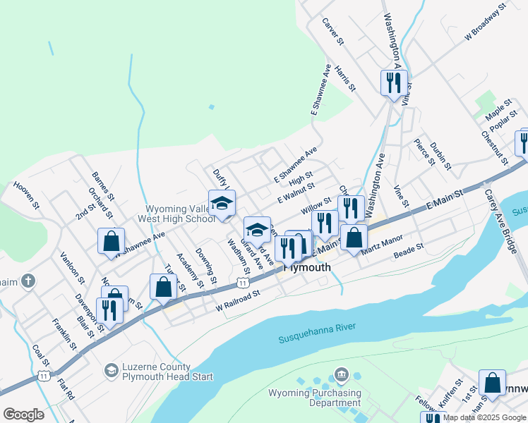 map of restaurants, bars, coffee shops, grocery stores, and more near 16 West Walnut Street in Plymouth