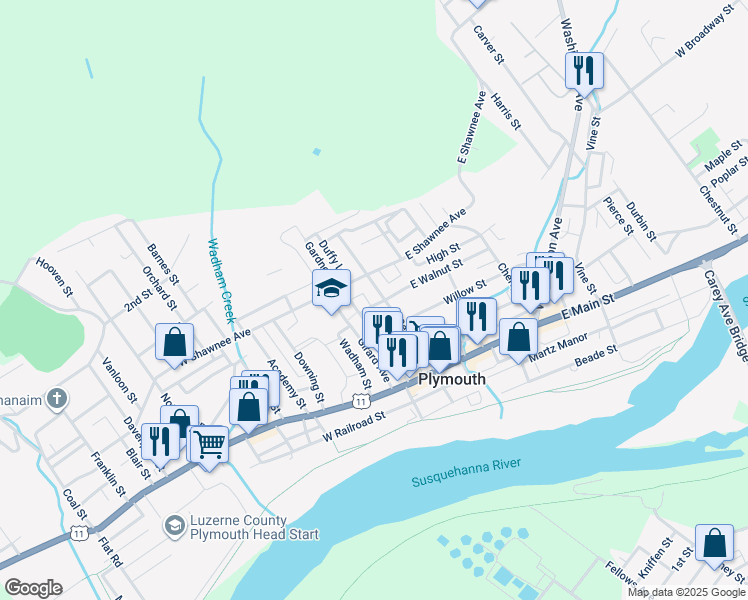 map of restaurants, bars, coffee shops, grocery stores, and more near 16 West Walnut Street in Plymouth