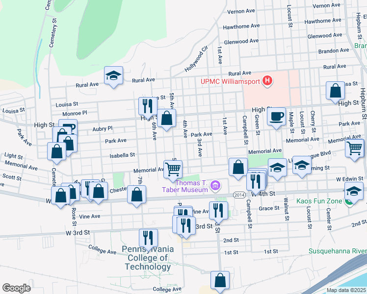 map of restaurants, bars, coffee shops, grocery stores, and more near 612-646 5th Avenue in Williamsport