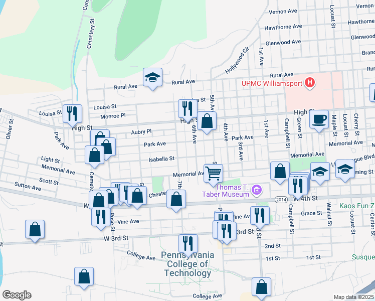 map of restaurants, bars, coffee shops, grocery stores, and more near 638 7th Avenue in Williamsport