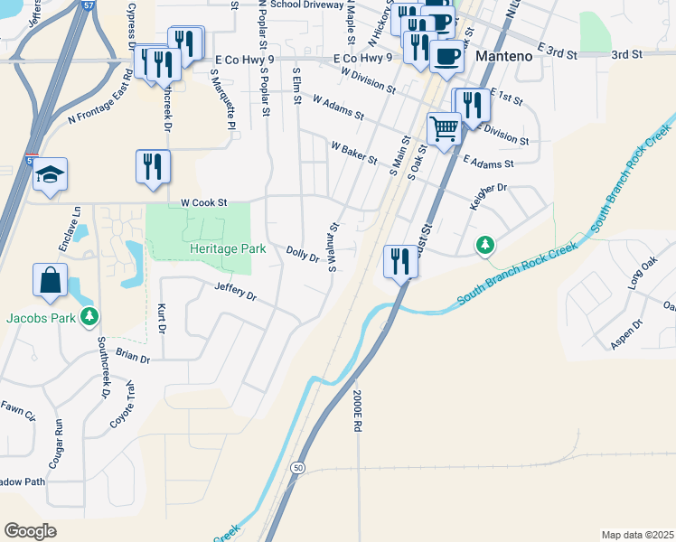 map of restaurants, bars, coffee shops, grocery stores, and more near 419 South Walnut Street in Manteno