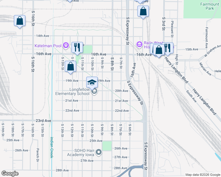 map of restaurants, bars, coffee shops, grocery stores, and more near 2004 South 8th Street in Council Bluffs