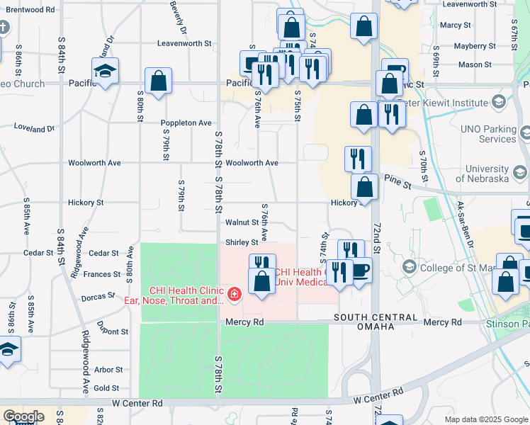 map of restaurants, bars, coffee shops, grocery stores, and more near 7525 Walnut Street in Omaha