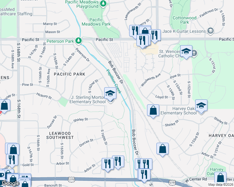map of restaurants, bars, coffee shops, grocery stores, and more near 1635 Peterson Drive in Omaha