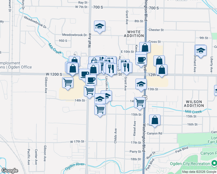 map of restaurants, bars, coffee shops, grocery stores, and more near 1288 Lincoln Avenue in Ogden