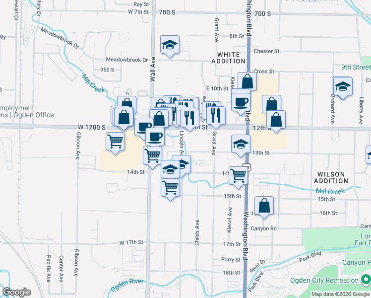 map of restaurants, bars, coffee shops, grocery stores, and more near 1288 Lincoln Avenue in Ogden