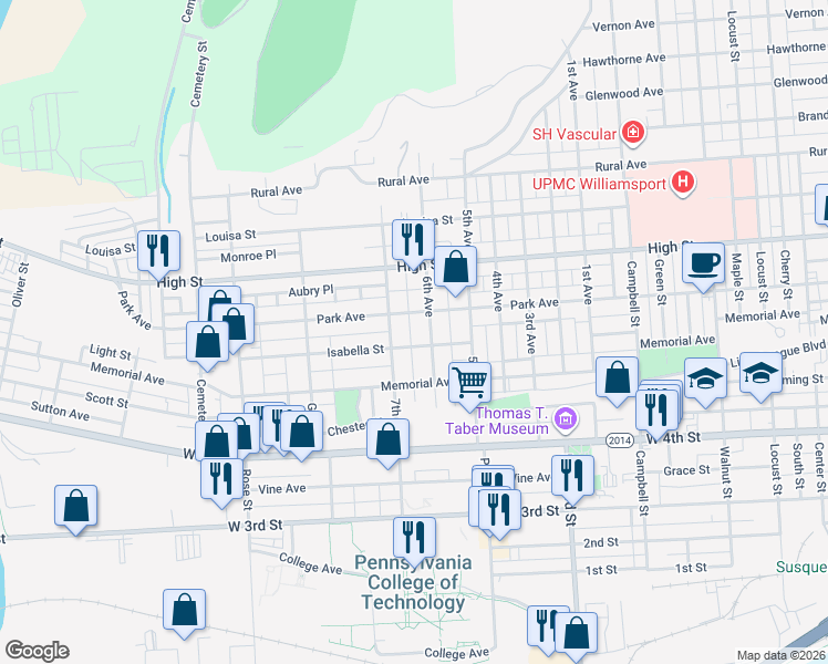 map of restaurants, bars, coffee shops, grocery stores, and more near 638 7th Avenue in Williamsport