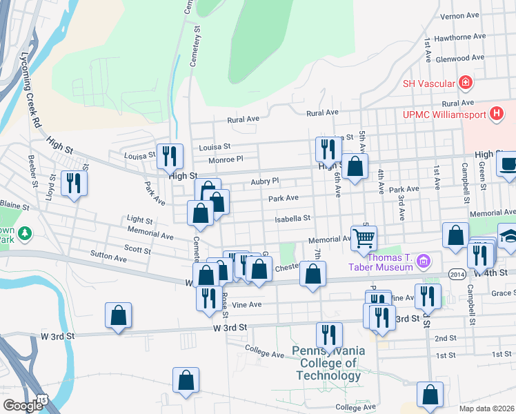 map of restaurants, bars, coffee shops, grocery stores, and more near 1220 Isabella Street in Williamsport