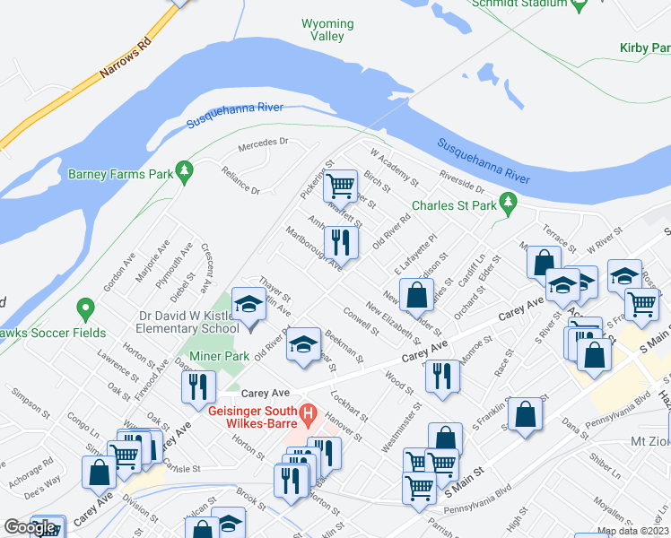 map of restaurants, bars, coffee shops, grocery stores, and more near 16 Marlboro Avenue in Wilkes-Barre