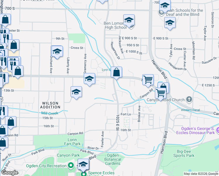 map of restaurants, bars, coffee shops, grocery stores, and more near South Street in Ogden