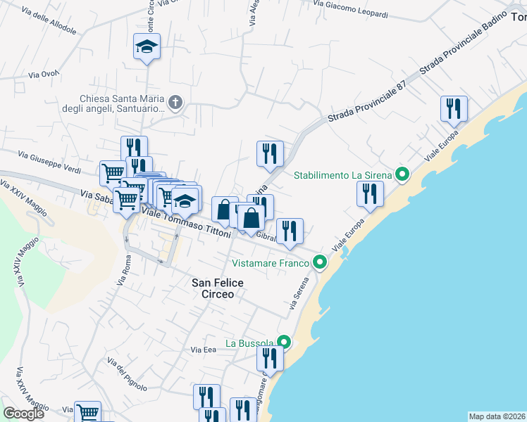 map of restaurants, bars, coffee shops, grocery stores, and more near 13 Via delle Sirene in San Felice Circeo