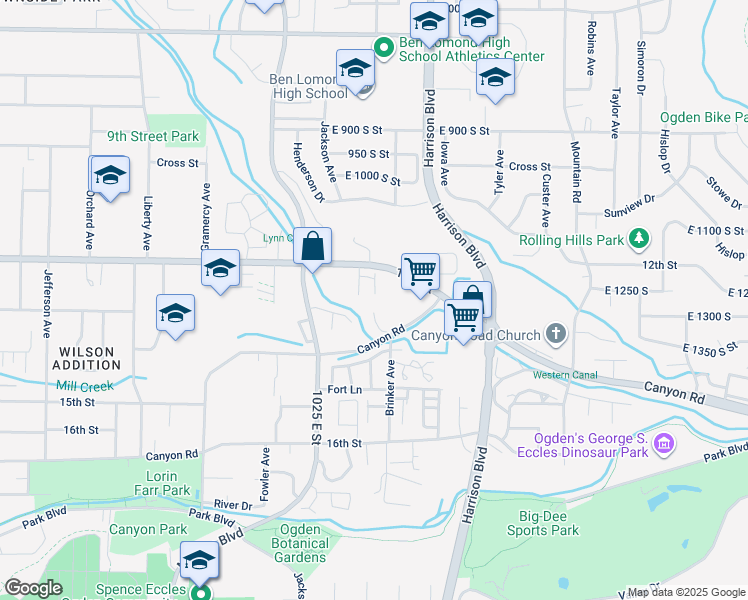 map of restaurants, bars, coffee shops, grocery stores, and more near 1120 Canyon Road in Ogden