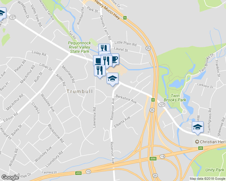 map of restaurants, bars, coffee shops, grocery stores, and more near 3115 Reservoir Avenue in Trumbull