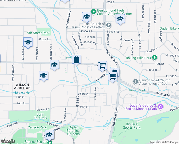 map of restaurants, bars, coffee shops, grocery stores, and more near 1120 Canyon Road in Ogden