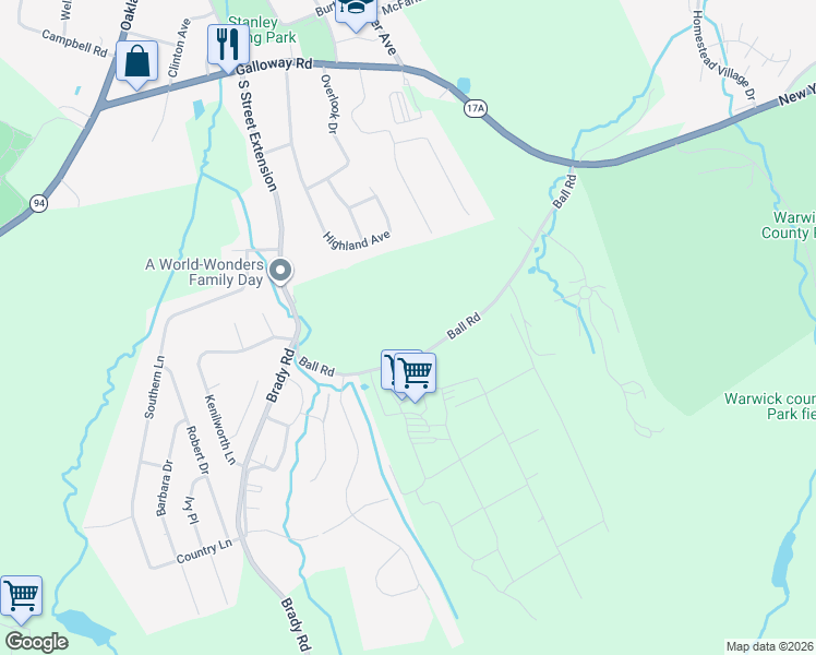 map of restaurants, bars, coffee shops, grocery stores, and more near 34 Ball Road in Warwick