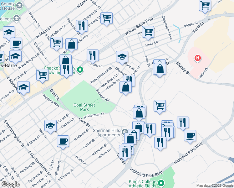 map of restaurants, bars, coffee shops, grocery stores, and more near 240 North Sherman Street in Wilkes-Barre