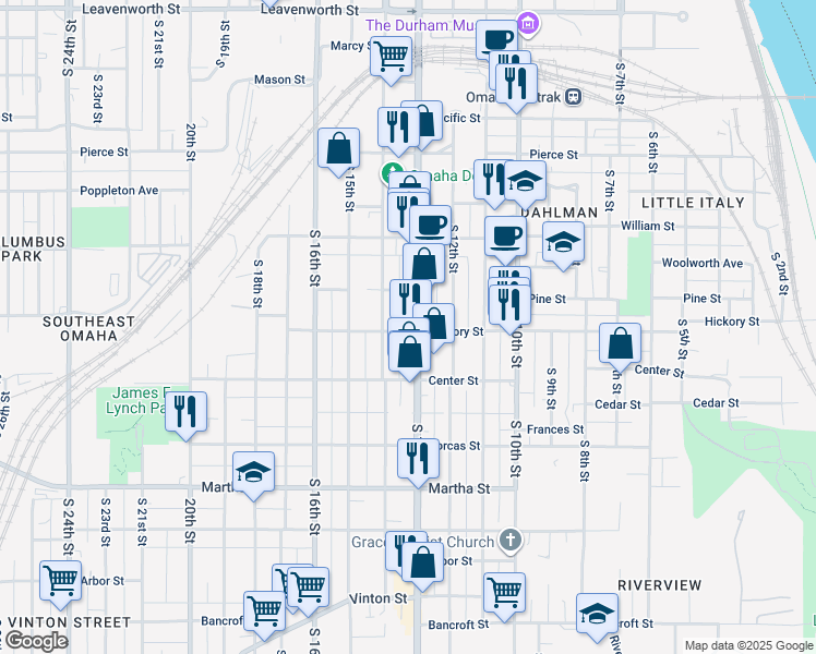 map of restaurants, bars, coffee shops, grocery stores, and more near 1707 South 14th Street in Omaha