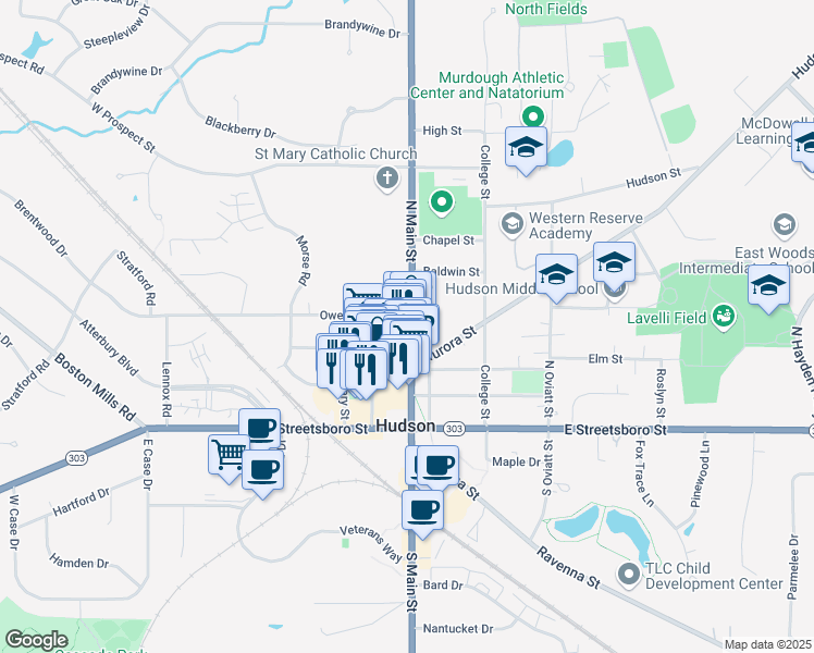 map of restaurants, bars, coffee shops, grocery stores, and more near 186 North Main Street in Hudson