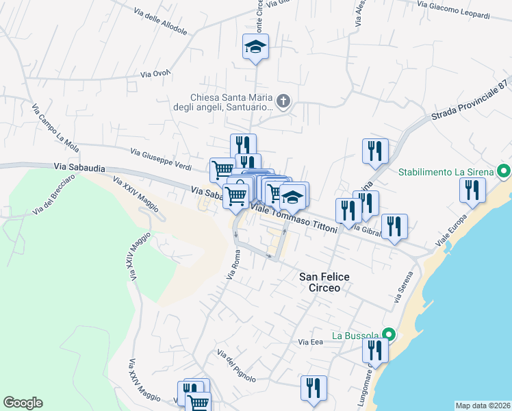 map of restaurants, bars, coffee shops, grocery stores, and more near 35 Viale Tommaso Tittoni in San Felice Circeo