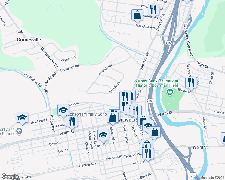 map of restaurants, bars, coffee shops, grocery stores, and more near West Hills Drive in Williamsport