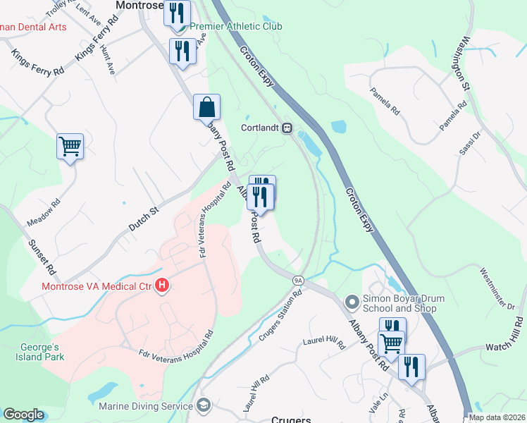 map of restaurants, bars, coffee shops, grocery stores, and more near 2083 Albany Post Road in Montrose
