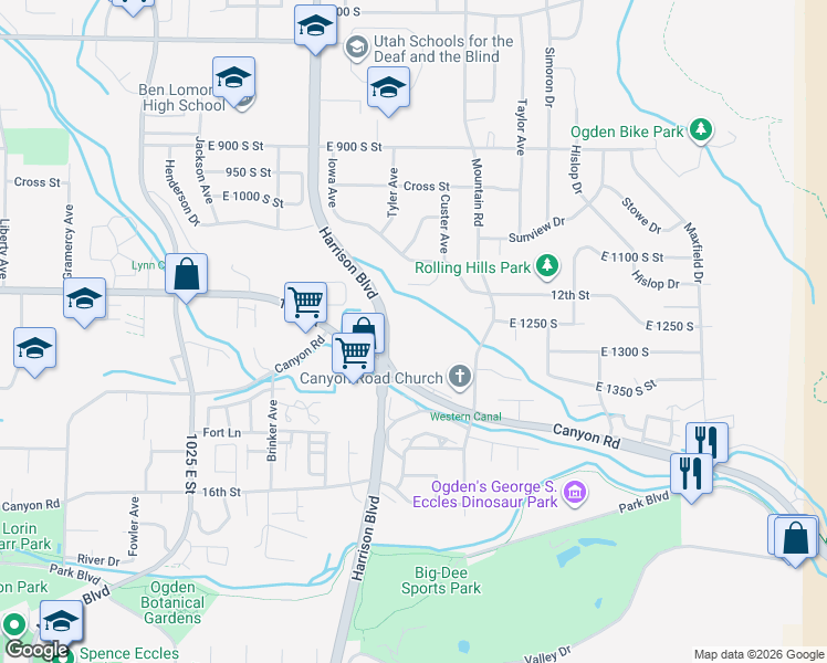 map of restaurants, bars, coffee shops, grocery stores, and more near 1336 Canyon Road in Ogden