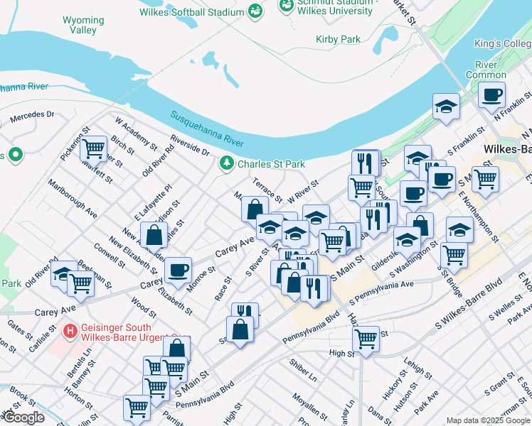 map of restaurants, bars, coffee shops, grocery stores, and more near 193 West River Street in Wilkes-Barre