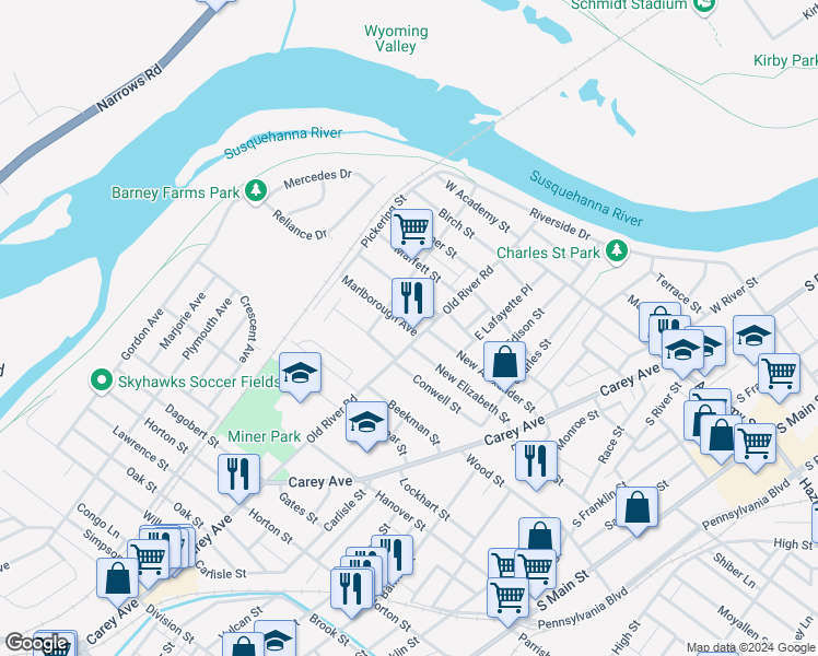 map of restaurants, bars, coffee shops, grocery stores, and more near in Wilkes-Barre
