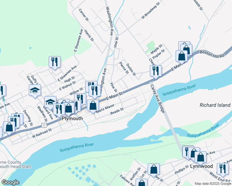 map of restaurants, bars, coffee shops, grocery stores, and more near 262 U.S. 11 in Plymouth