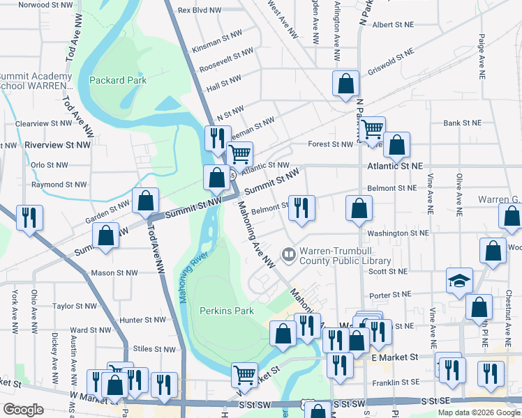 map of restaurants, bars, coffee shops, grocery stores, and more near 463 Belmont Street Northwest in Niles